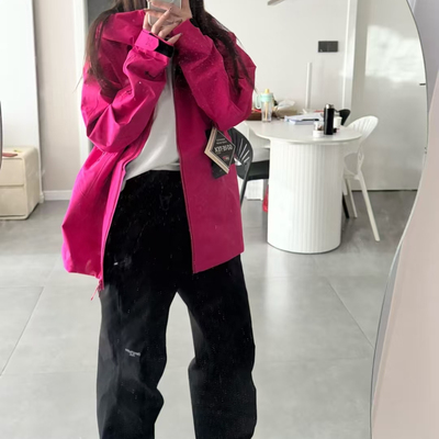 多巴胺风玫红色连帽白鹅绒羽绒服女常规款显瘦百搭冲锋衣羽绒服