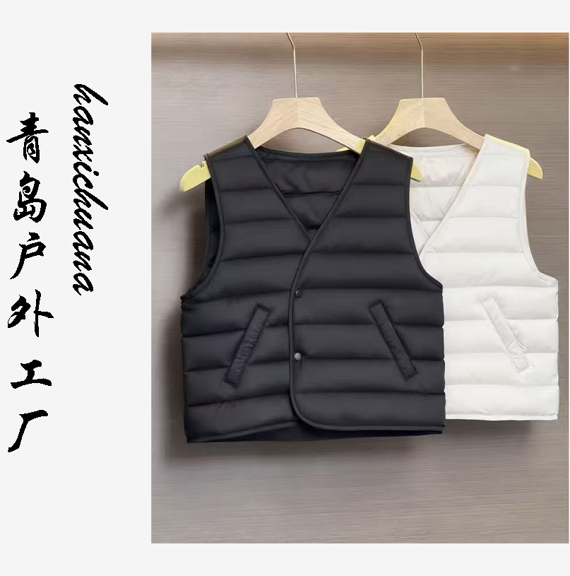 简约V领无袖羽绒马甲女宽松轻薄背心外套黑色百搭上衣