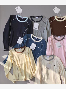 Fizz撞色圆领长袖T恤女软糯磨毛绒打底衫显瘦上衣