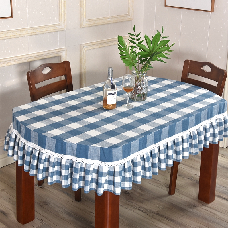 布艺棉麻小清新格子伸缩折叠桌椭圆形桌布套罩长方餐桌套茶几定制