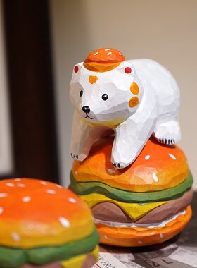 汉堡熊手工木雕小摆件卡通可爱治愈系稳定情绪办公室书桌面装饰品