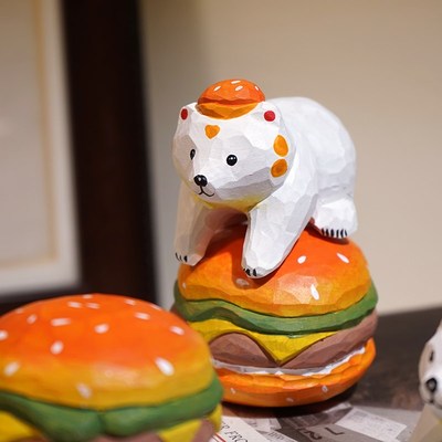 汉堡熊手工木雕小摆件卡通可爱治愈系稳定情绪办公室书桌面装饰品