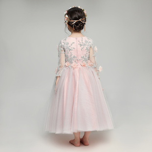 小花童礼服女童儿童婚纱晚礼服长袖蓬蓬公主裙主持人钢琴演出服冬