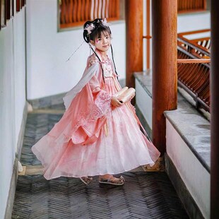 诃子裙高档女童汉服儿童古风唐朝国风连衣裙广袖汉元素粉色套装