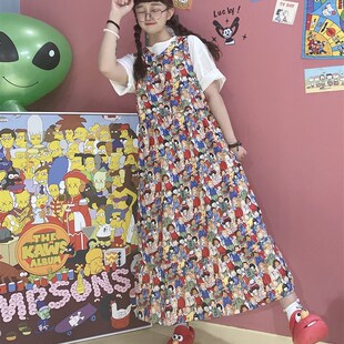 童趣古着中长款V领无袖连衣裙女春款甜美可爱裙子2021夏季女宽松