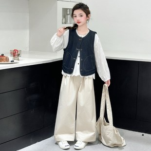 女童春季套装2025新款洋气女大童春装牛仔马甲衬衫儿童休闲阔腿裤