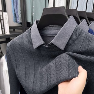 翻领假两件保暖毛衣男秋冬新款2024轻商务内搭衬衫领针织打底衫潮