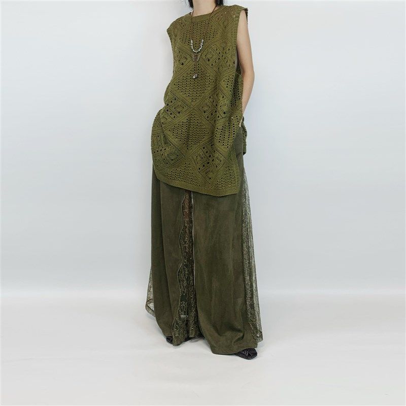 尢系UXI 植物系镂空钩花无袖背心裙/宽松蕾丝拼接松紧腰拖地半裙
