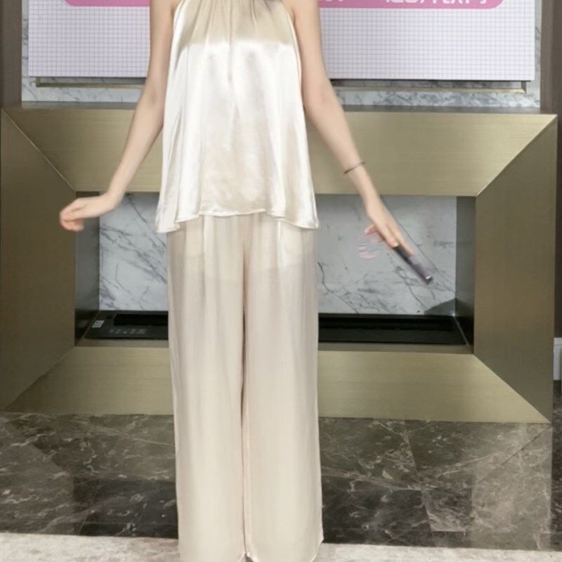 wop夏季气质高级感挂脖无袖上衣 shon白色阔腿裤套装女