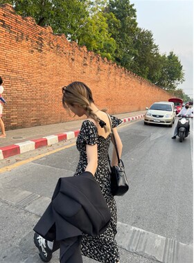 Xinlei Lin 茶歇碎花裙黑色碎花连衣群长裙女春夏裙子