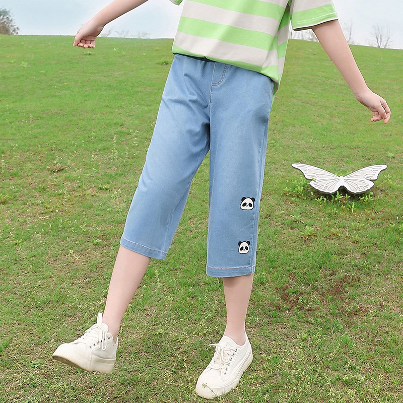 初中生夏装薄牛仔裤七分裤马裤松紧腰百搭休闲少女学生绣花中裤子