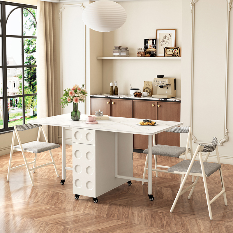 开尚奶油风整装折叠餐桌餐椅可收纳小户型饭桌46人吃饭桌子带岩板