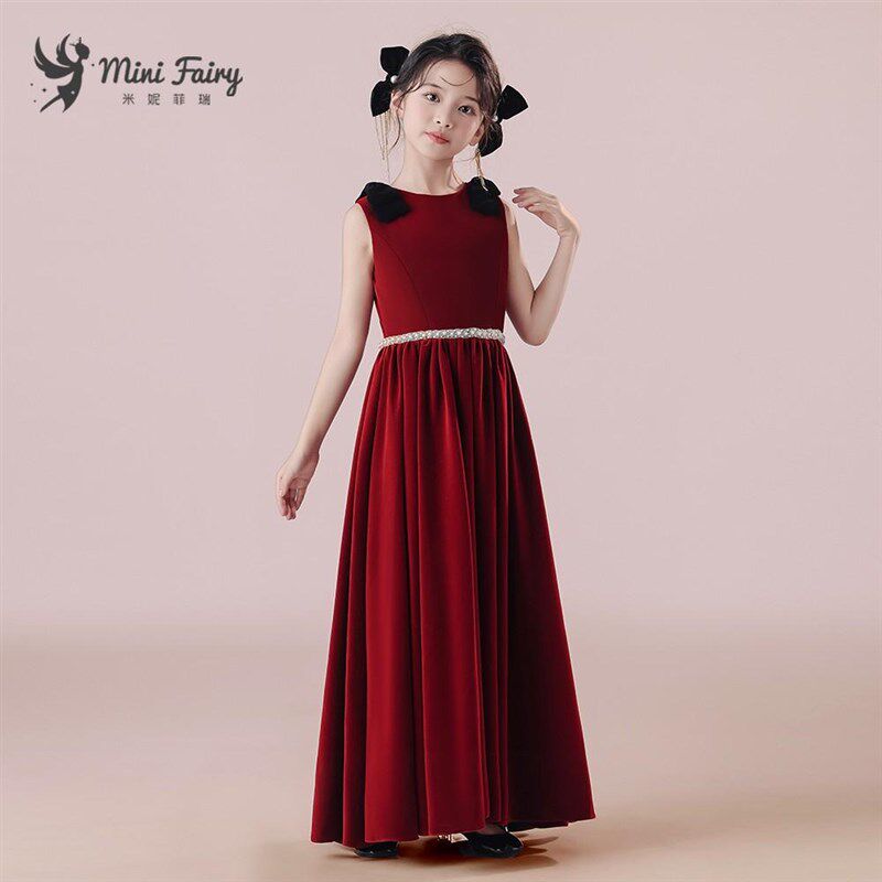 新款女童艺考小礼服红色钢琴演出服长裙高端小提琴演奏表演公主裙