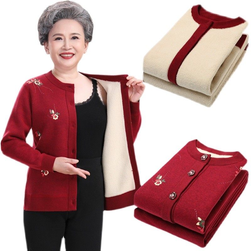 保暖内衣女加绒加厚开衫对襟中老年老人男士秋衣大码妈妈装上衣冬