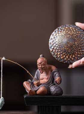 新中式禅意陶瓷摆件创意姜太公钓鱼茶漏架线香插茶宠家居摆件装饰