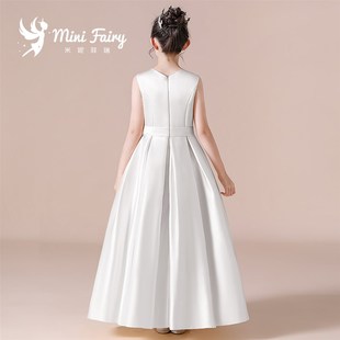 2022女童高端管乐团音乐会儿童礼服演出服白色缎布小提琴演奏礼服