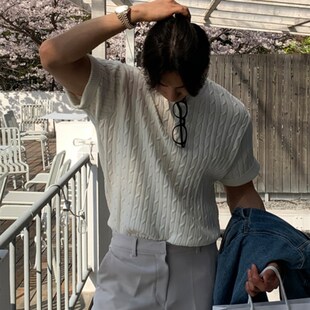 夏季粗麻花白色圆领短袖上衣针织衫毛衣短袖T恤韩国东大门男装潮