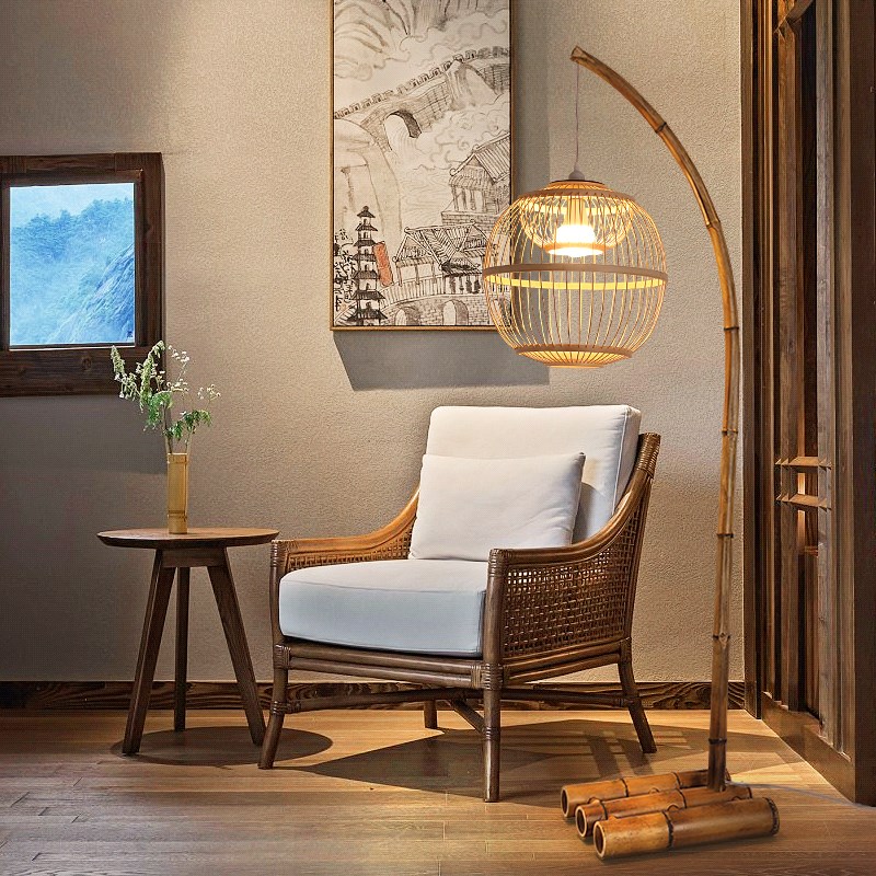 中式钓鱼落地灯禅意茶室卧室床头书房复古客厅民宿竹编装饰地灯