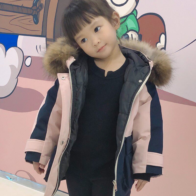 工装儿童羽绒服加厚中长款大毛领男童女童宝宝中小童防水童装外套