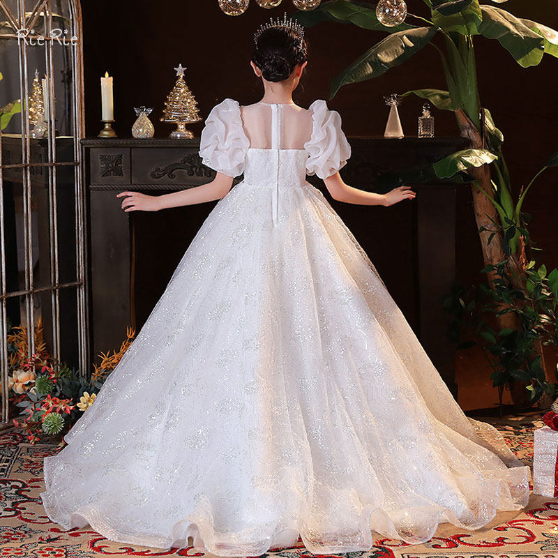 公主裙高级感女童白色纱裙演出服儿童拖尾小主持人钢琴表演礼服裙