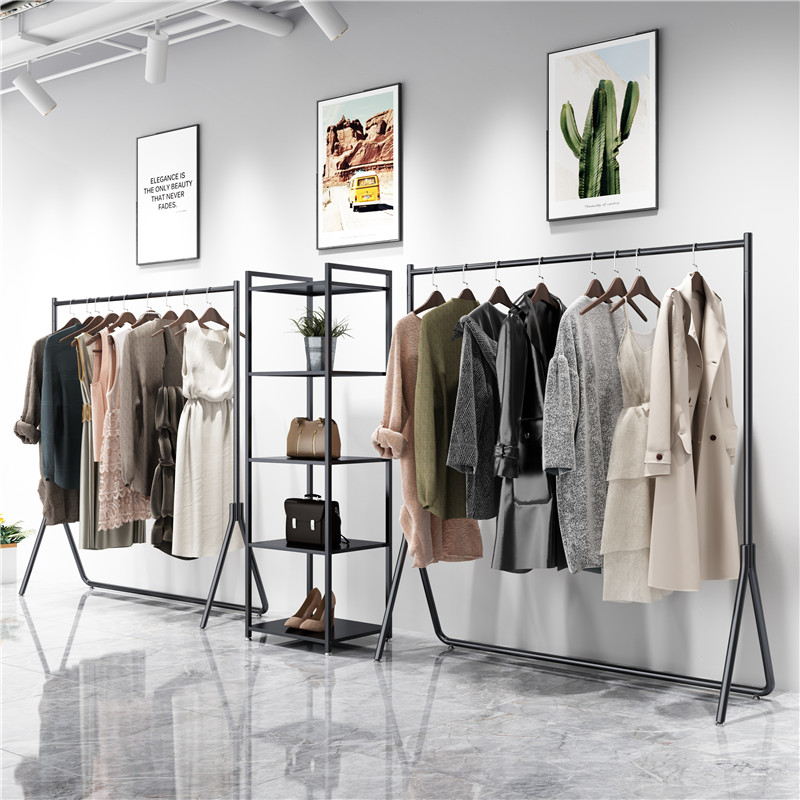 服装店展示架落地式挂衣杆衣服架子男女装店货架鞋包架装饰可带轮
