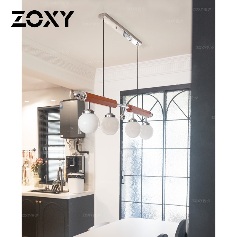 zoxy 一字长条餐厅吊灯 法式复古实木中古风设计师轻奢餐桌吧台灯