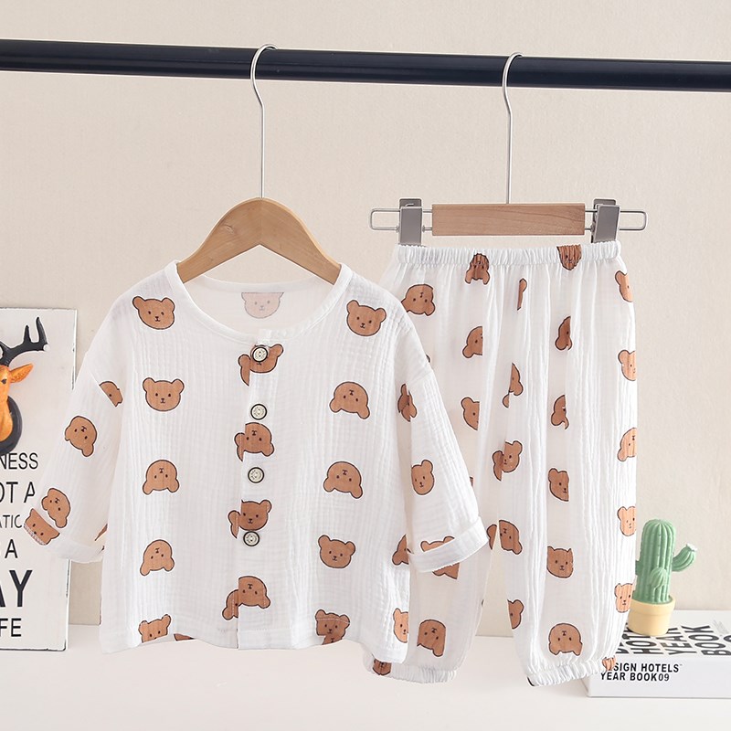 春秋儿童睡衣纯棉纱布长袖长裤防蚊裤套装男女童宝宝蝙蝠袖家居服