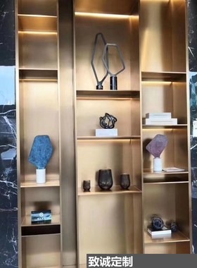 轻奢不锈钢落地置物架 金属陈列展示架办公室装饰柜 玫瑰金博古架