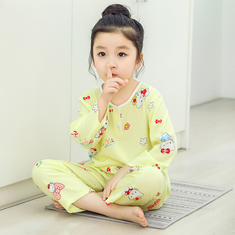 儿童夏季睡衣女孩绵绸长袖长裤薄款空调服女童宝宝棉绸夏天家居服