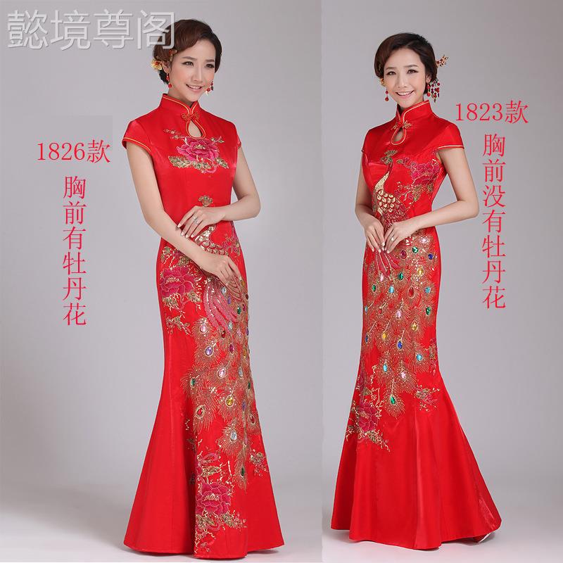 2025新款新款长色丹款红结婚敬礼服演出服新娘鱼尾旗袍酒服牡花款