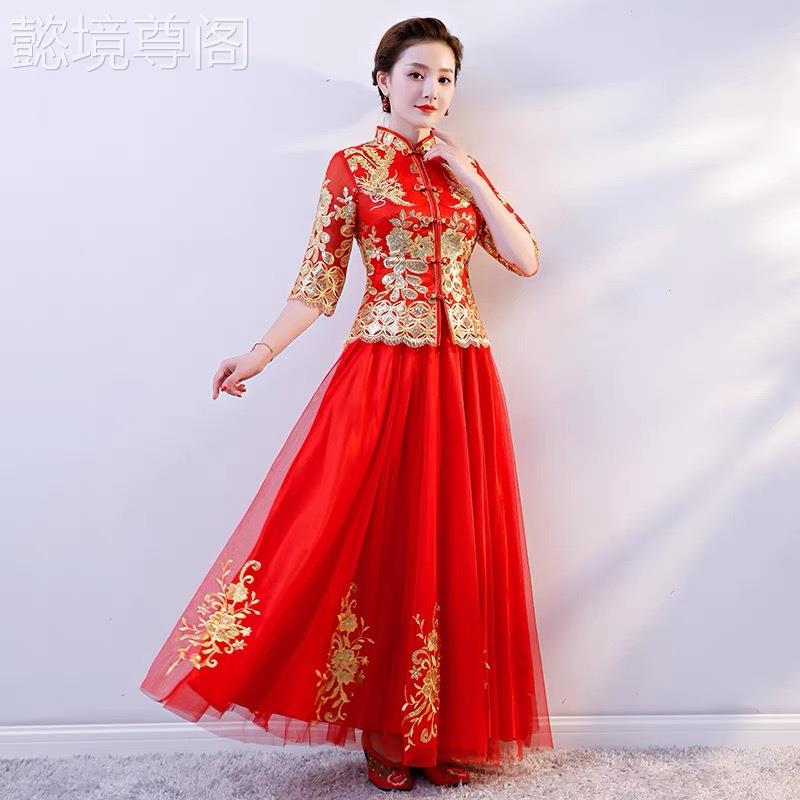 2025新款服酒服新娘223新款敬结0婚订婚回门礼服红色中式婚纱龙凤