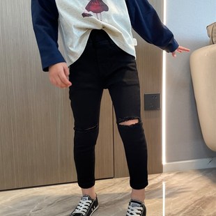 女童黑色破洞牛仔裤子小脚修身铅笔裤2023春季小中大宝宝儿童长裤