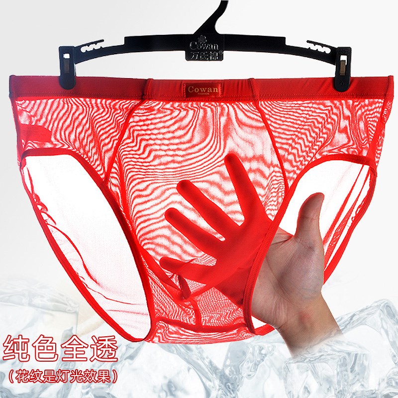夏季全透明红色性感三角内裤男青年透气弹力网纱中腰三角裤裤衩潮