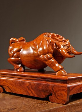 花梨实木质雕刻牛摆件动物生肖牛气冲天家居客厅办公室装饰工艺品