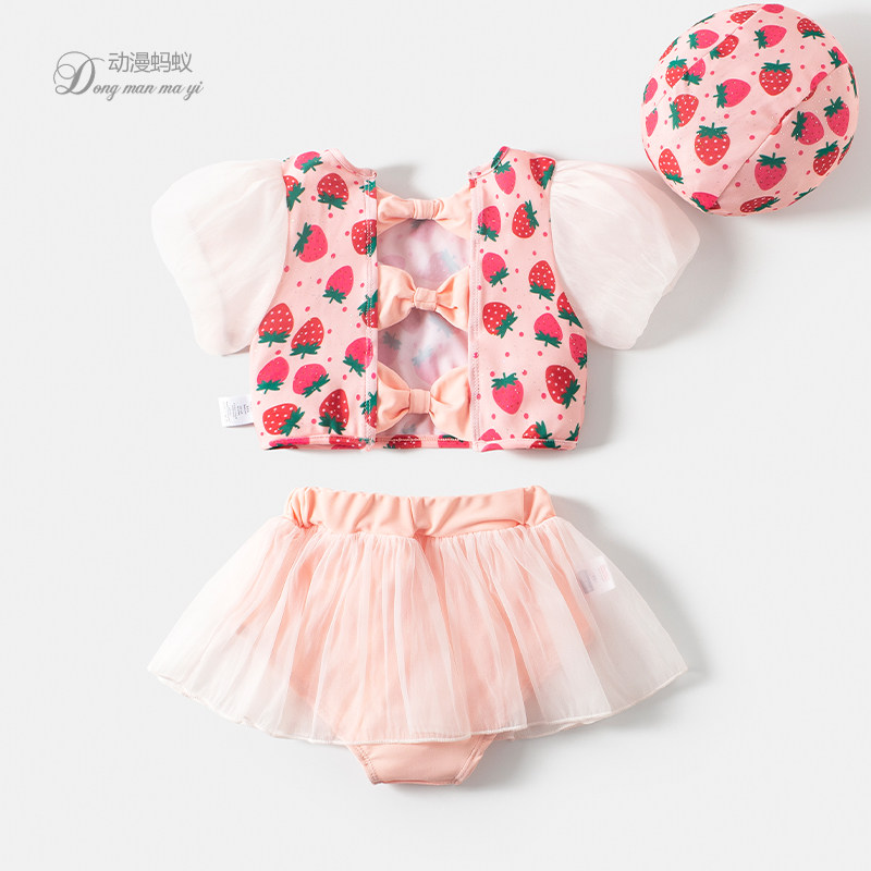 儿童泳衣女孩3岁分体4草莓可爱女童裙式泳衣裤蕾丝拼接宝宝游泳衣