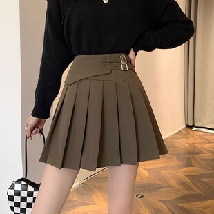 百褶裙半身裙秋冬女高腰皮扣a字裙大码设计感小个子学生褶皱短裙