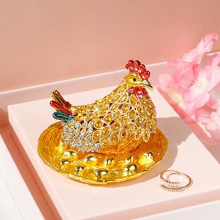 合金招财摆件母鸡下蛋首饰盒珐琅工艺招财摆件新居装饰店面摆件