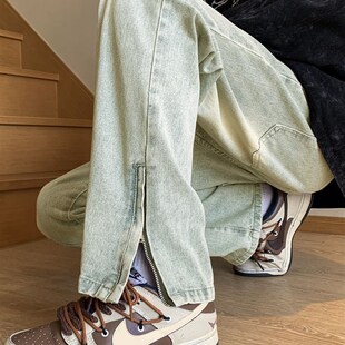 子男款 中大童装 vibe拉链直筒裤 男美式 水洗做旧 复古黄泥染牛仔裤