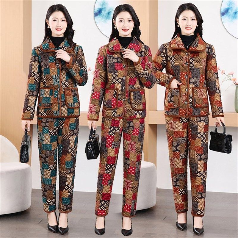 2024冬季新款时尚两件套装翻领花色棉衣加绒加厚保暖棉裤中老年女