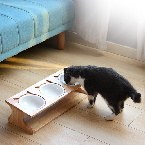 橡木猫碗架 陶瓷猫碗实木猫餐桌简约斜面防噎猫碗猫食盆双碗猫碗