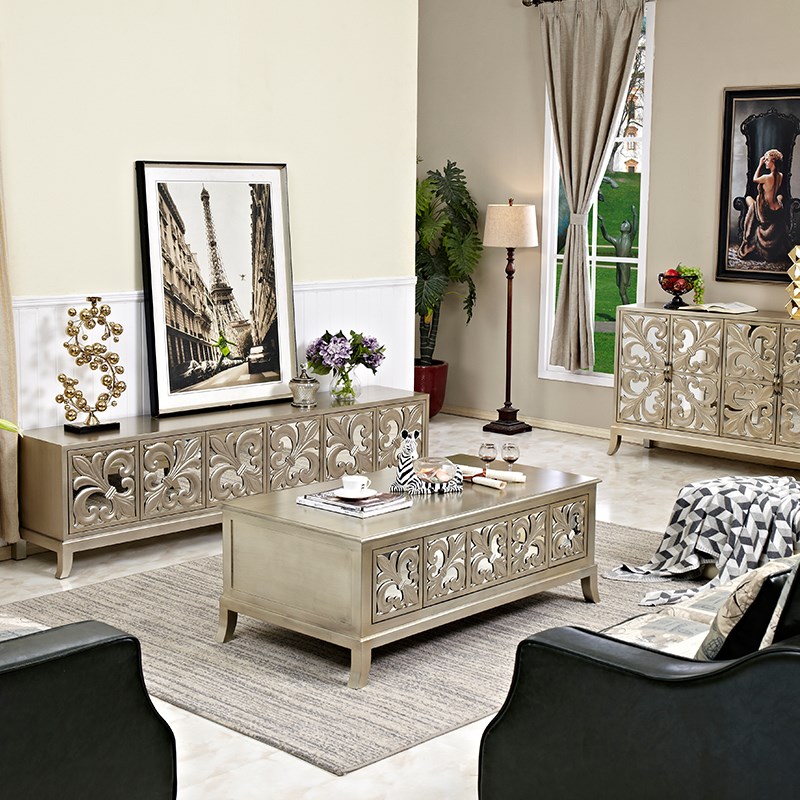 新古典镜面电视柜欧式客厅矮柜美式雕花做旧地柜实木多功能视听柜