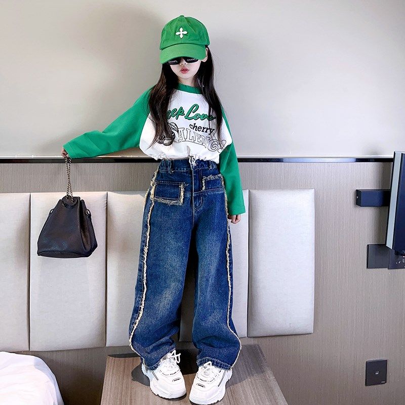 女童复古毛边牛仔裤2024春季新款休闲百搭高腰裤子亲子装中大童款,童装/婴儿装/亲子装,裤子,淘宝优惠券,粉丝福利购,淘宝优惠卷