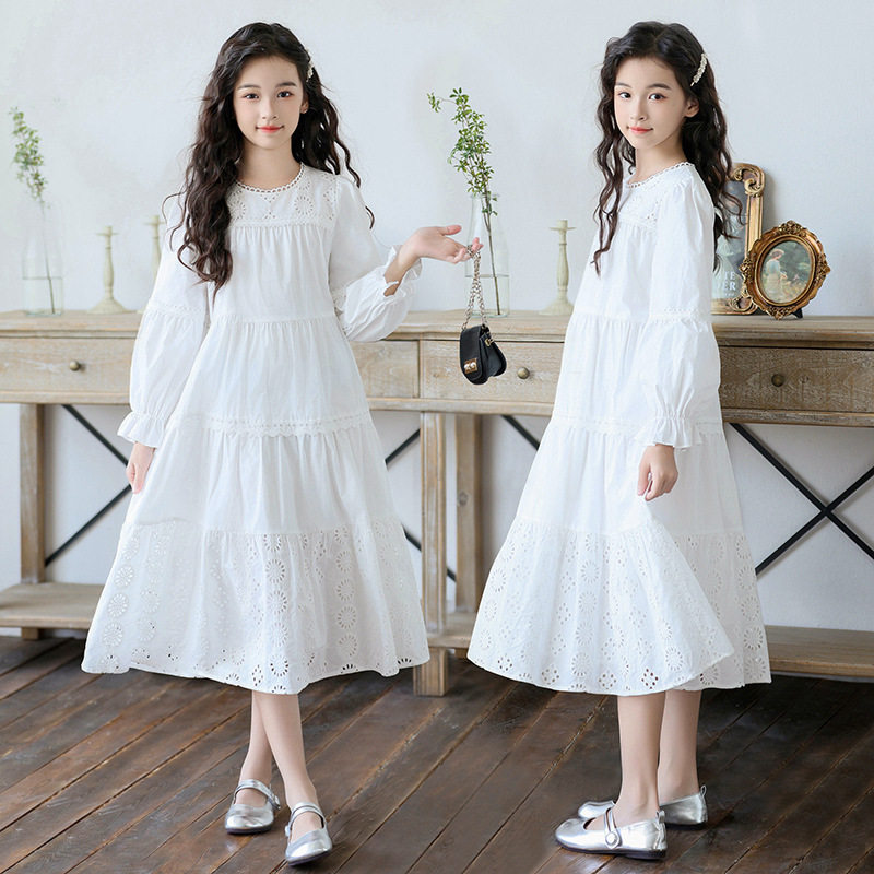 女童白色连衣裙春装长袖花边镂空裙子2025新款中大童小女孩公主裙