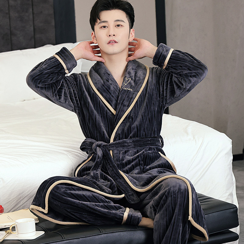 睡衣男秋冬季法兰绒两件套睡袍珊瑚绒加厚男士长款晨袍带睡裤浴袍