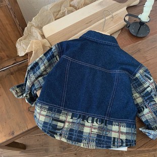 男童女童春秋拼色牛仔外套开衫2023秋装新款儿童宝宝休闲格子衬衫