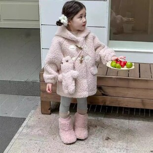 女童外套秋冬款2024新款儿童冬季加绒加厚羊羔绒毛毛衣宝宝冬装潮