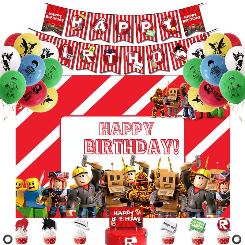 Roblox虚拟游戏生日派对布置背景墙挂布海报拉旗气球蛋糕插牌装饰