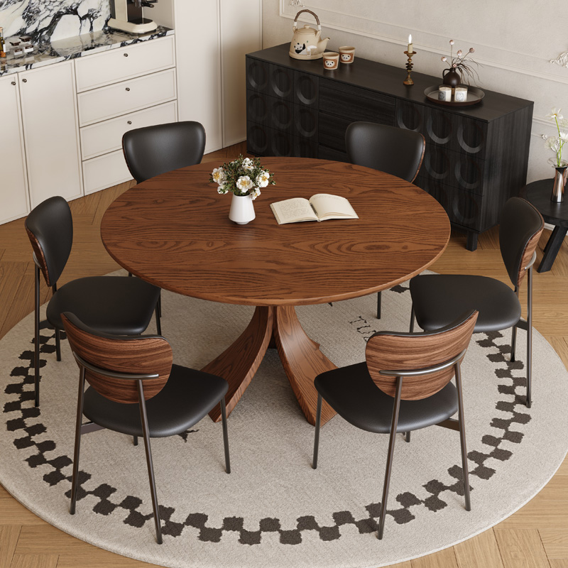 法式复古实木餐桌家用圆桌美式简约餐桌椅组合小户型饭桌