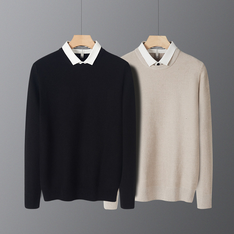 假两件毛衣男秋冬季黑色衬衫领男士内搭打底上衣高级感新款针织衫
