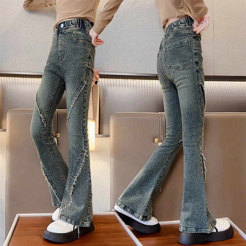 女童牛仔裤春秋童装洋气喇叭裤中大童女孩时尚复古儿童显瘦长裤子